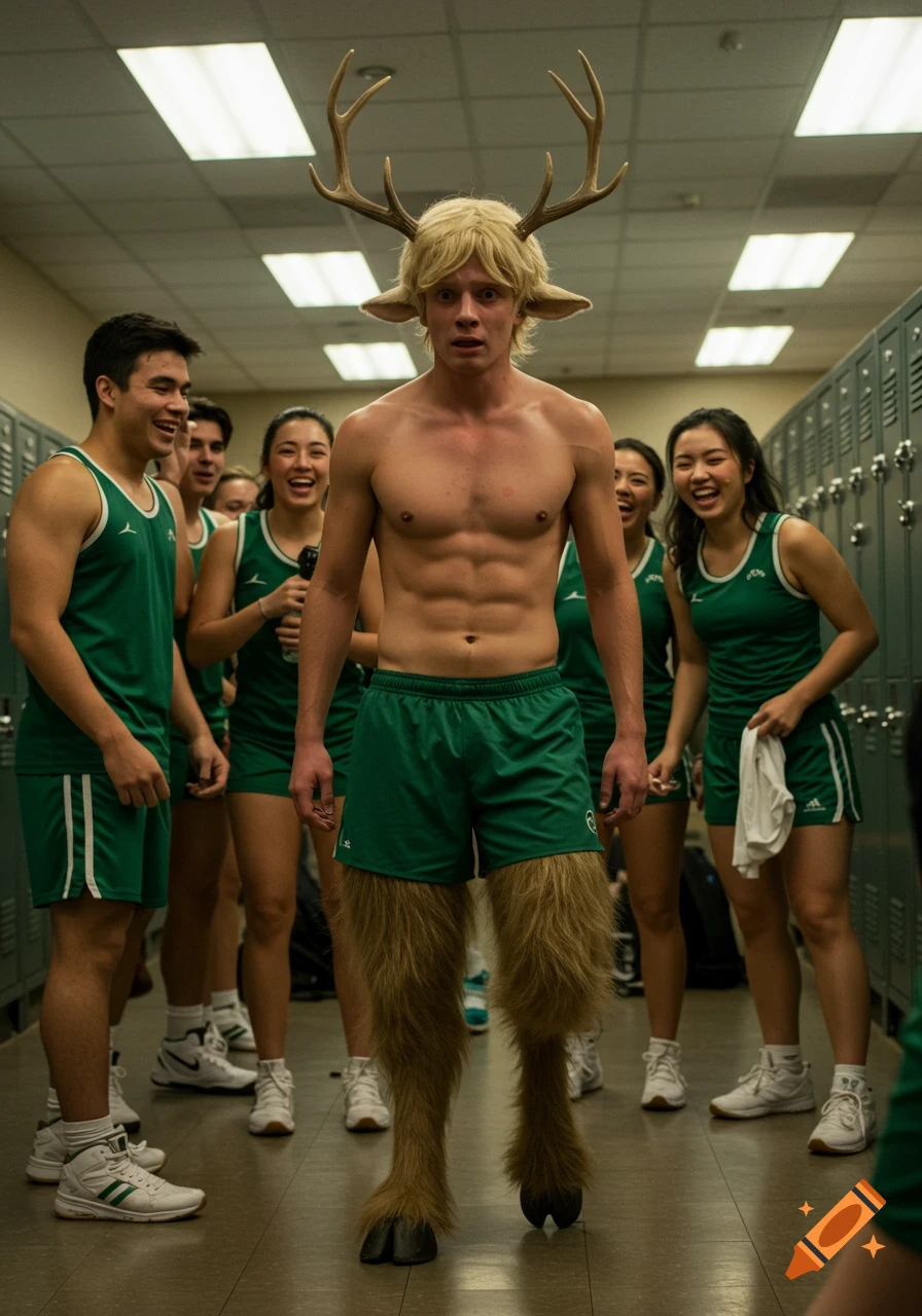 A shirtless blonde male satyr with antlers and furry legs stands embarrassed in a locker room surrounded by laughing students in green gym uniforms. Photorealistic.