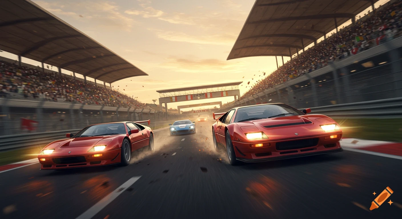 Photorealistic image of red sports cars racing on a track during sunset, with blurred spectators in the stands.
