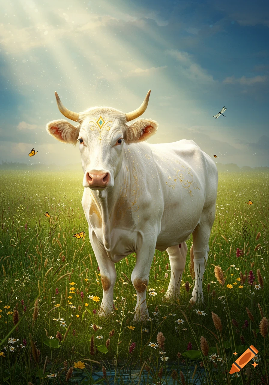A majestic white cow with golden markings stands in a sunlit green meadow filled with wildflowers and butterflies.
