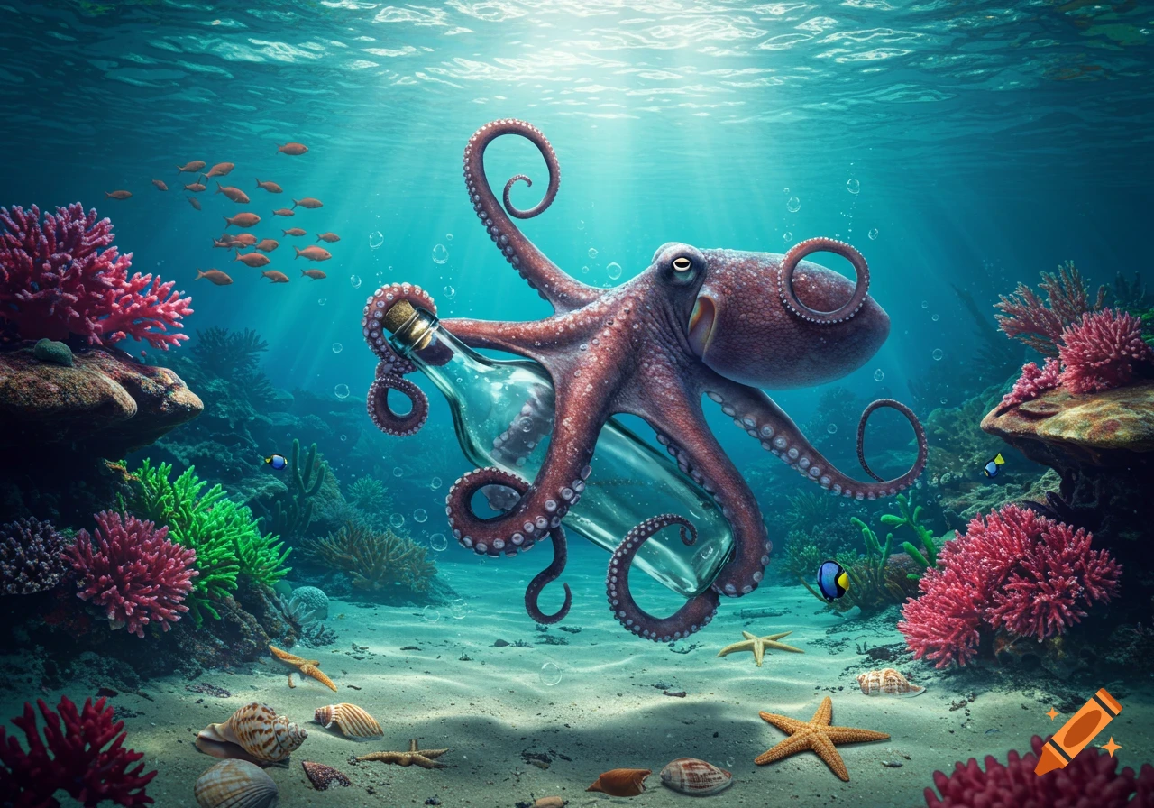 A realistic octopus holds a glass bottle submerged in a vibrant coral reef, surrounded by colorful fish and seashells.