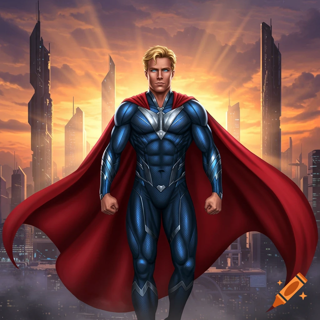 A blonde male superhero in a blue suit and red cape stands in front of a futuristic city skyline at sunset.
