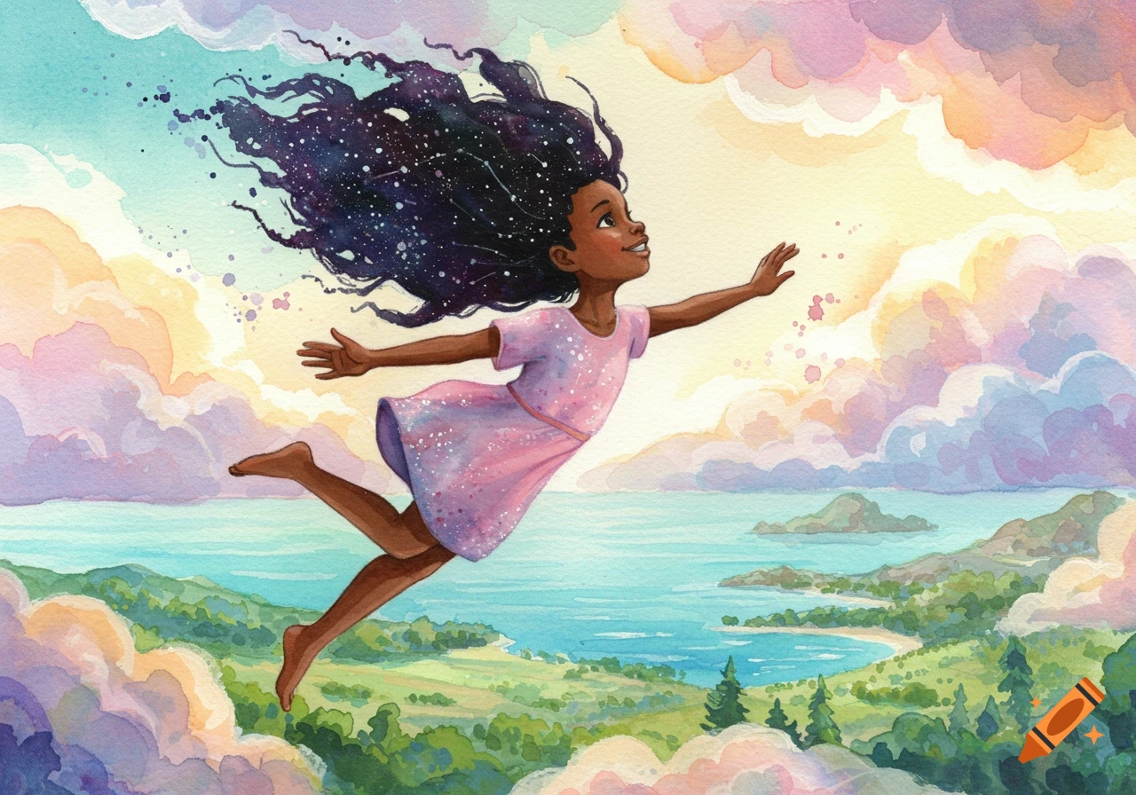 Watercolor painting of a young Black girl with starry hair flying in a colorful sky above a green landscape.
