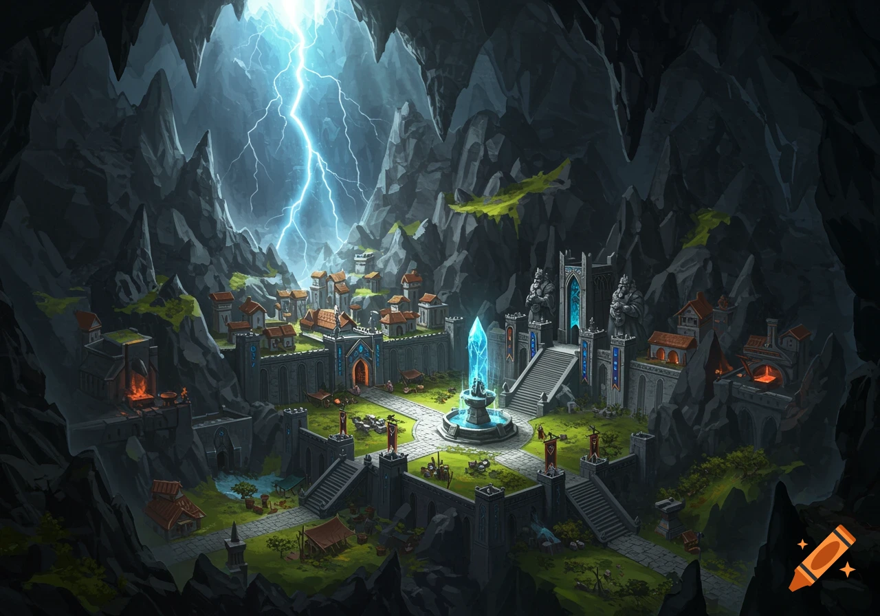 A fantasy dwarven city built inside a colossal mountain cavern, illuminated by a bright lightning-shaped crack in the ceiling.