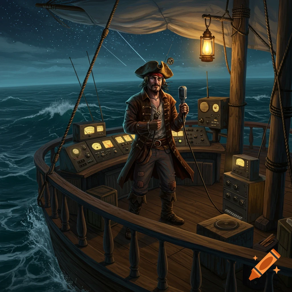 A pirate stands on the deck of a ship at night, surrounded by vintage radio equipment and holding a microphone, with a glowing lantern overhead.