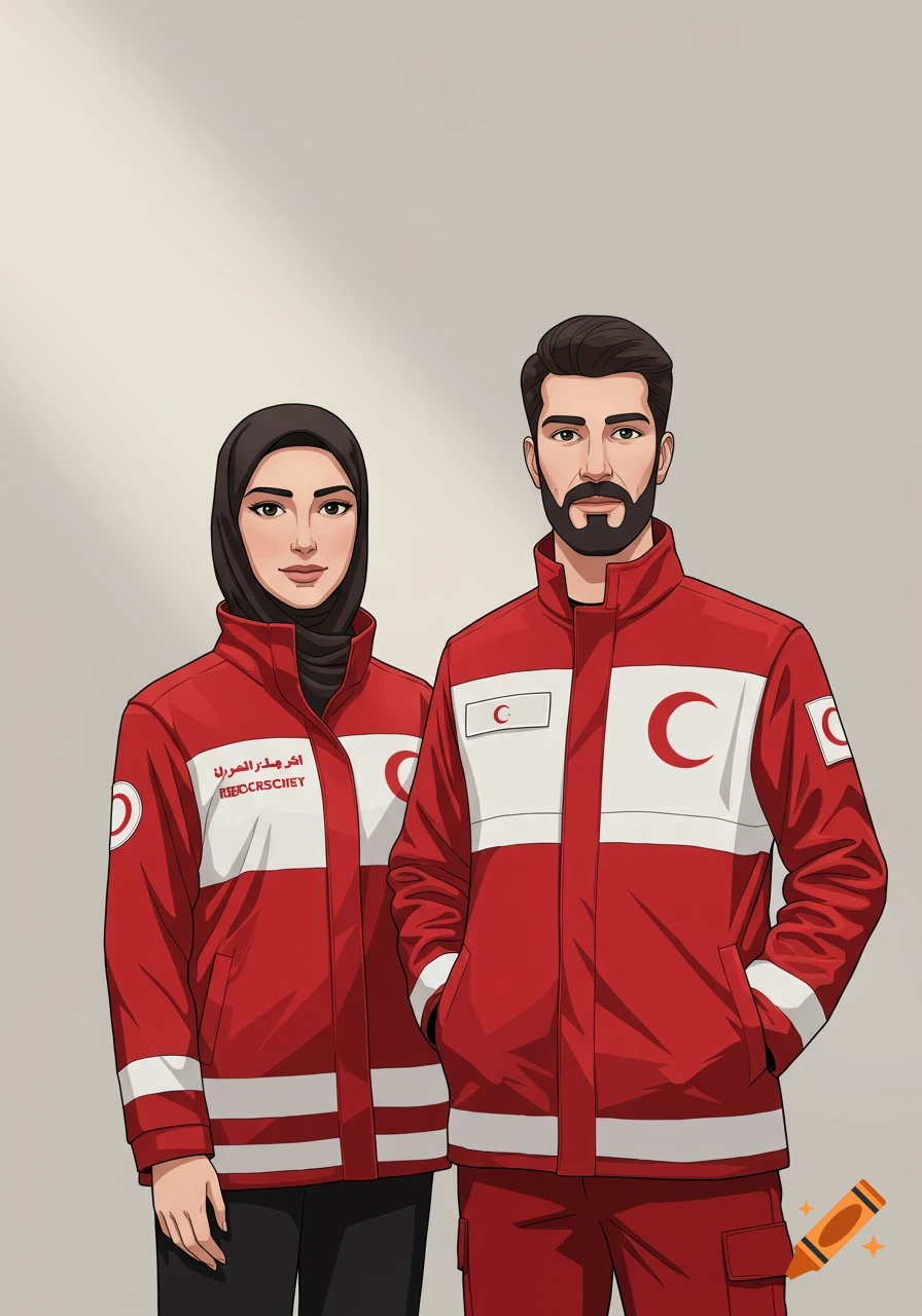 Vector illustration of a man and a woman in red and white humanitarian aid uniforms with Red Crescent symbols.