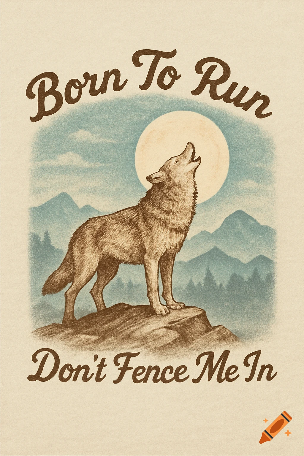 A vintage illustration of a wolf howling at a full moon in a mountain landscape, with text "Born To Run Don't Fence Me In" on a light background.