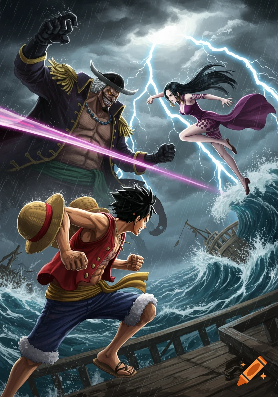 Luffy, Boa Hancock, and Blackbeard battle amidst a stormy sea with lightning and a shipwreck, in a detailed anime style.