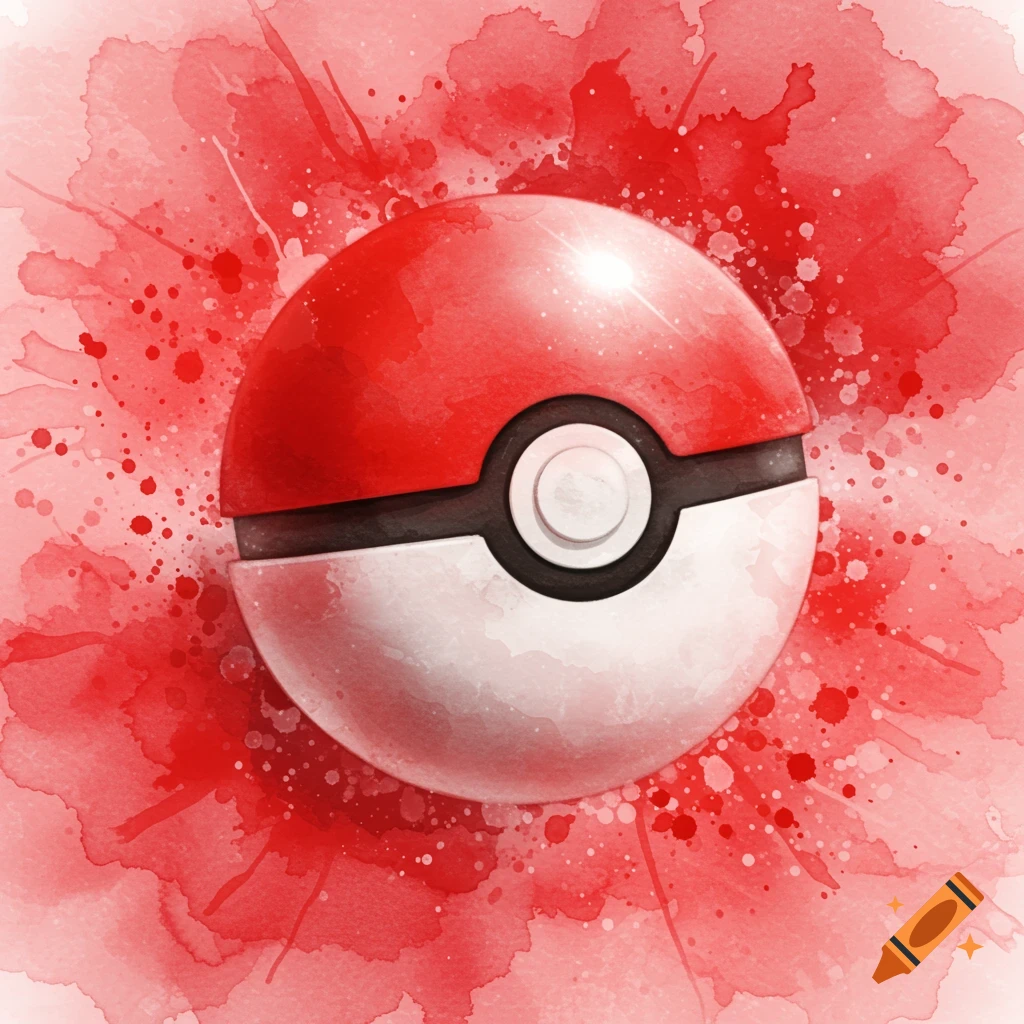 A shiny Pokeball against a vibrant red watercolor background with splatters.