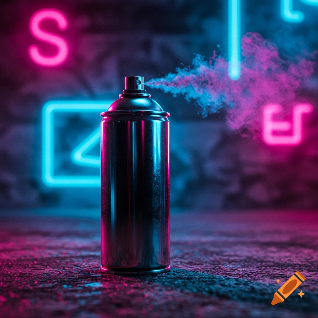A black spray paint can spraying pink and blue mist, set in a dark urban environment with neon lights.