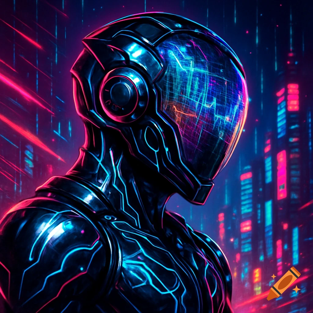 A close-up of a futuristic cyberpunk robot or cyborg with a glowing visor and neon lines, set against a blurred city background.
