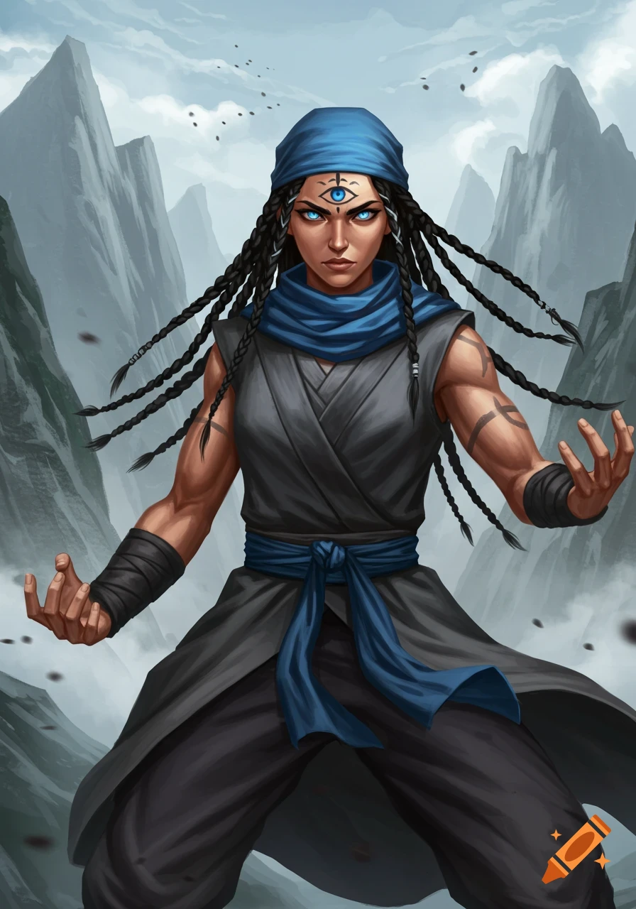 A powerful woman with blue eyes, braided hair, an eye tattoo, and a blue headscarf, in grey monk robes, hands raised, before mountains.