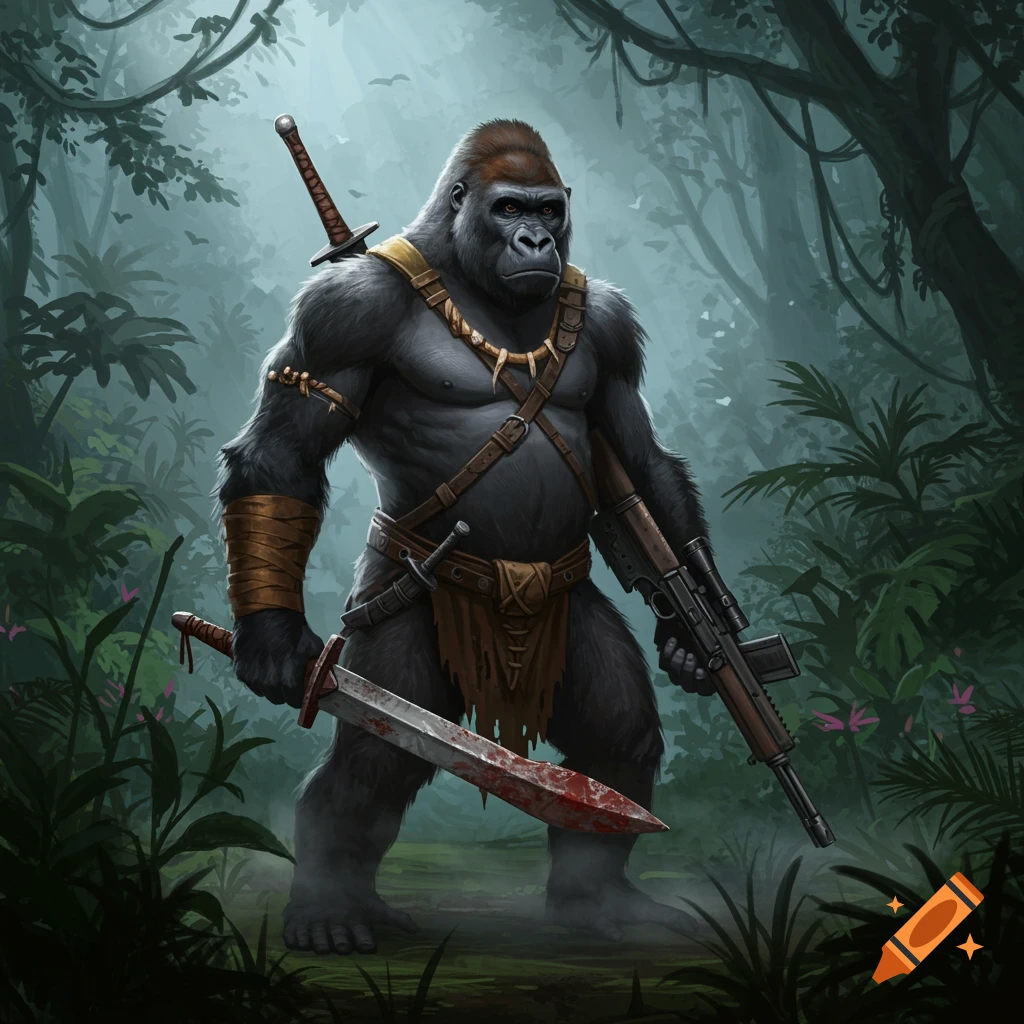 A muscular gorilla warrior stands in a jungle holding a bloody sword and a rifle.