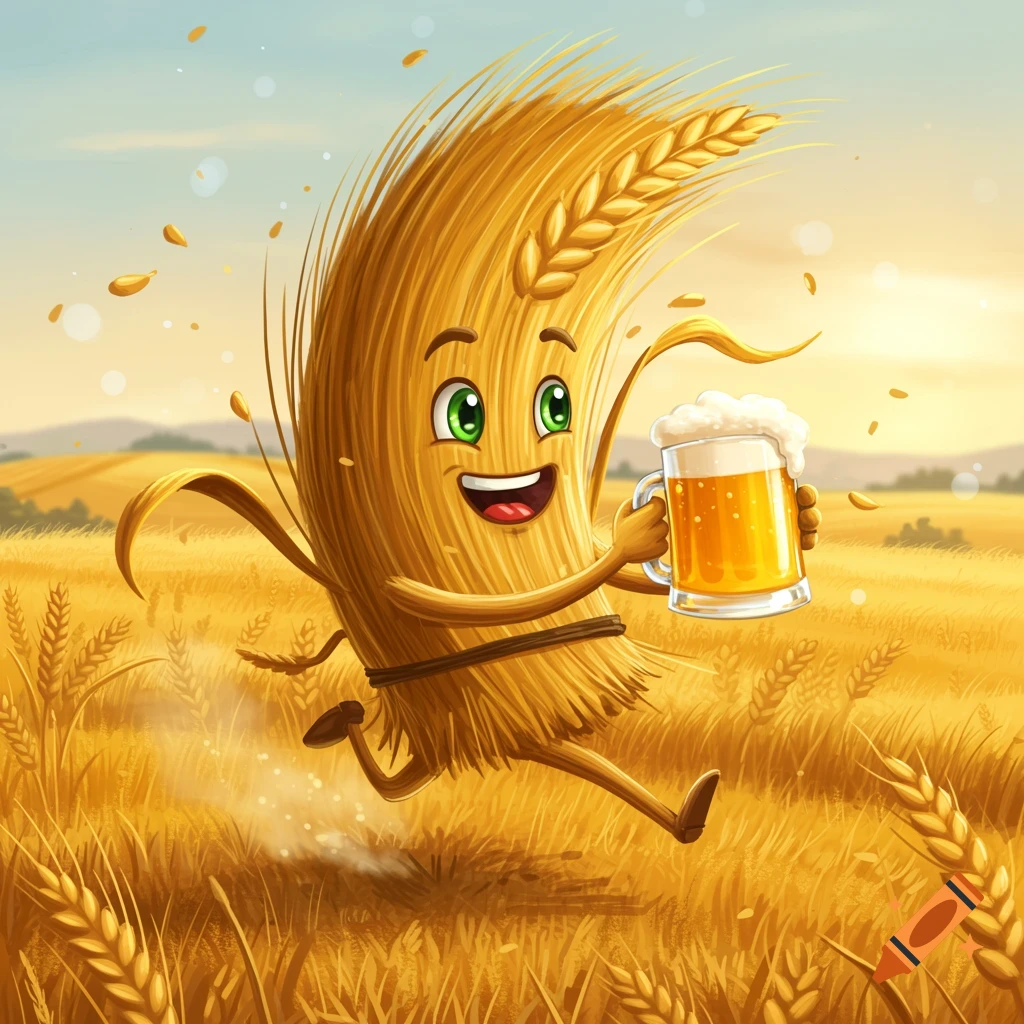A happy cartoon wheat sheaf character runs through a golden field, holding a frothy mug of beer.