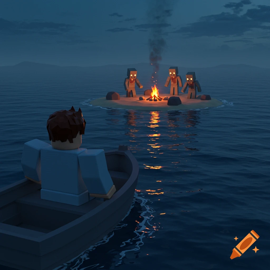 A Roblox character in a small boat looks at a distant island with a campfire and three friendly-looking zombies at night.