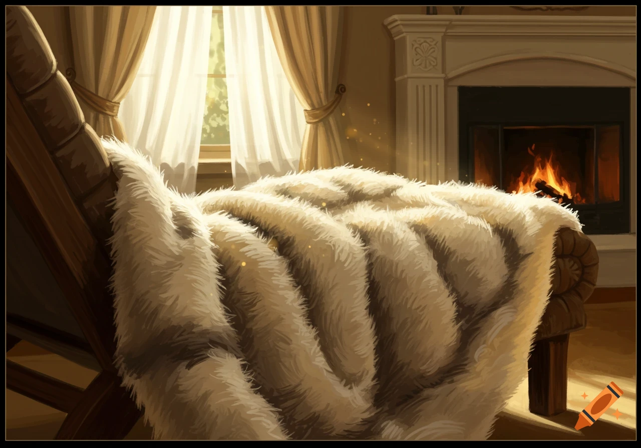 Cozy indoor scene with a fluffy faux fur blanket on a chair, a lit fireplace, and sun shining through windows.