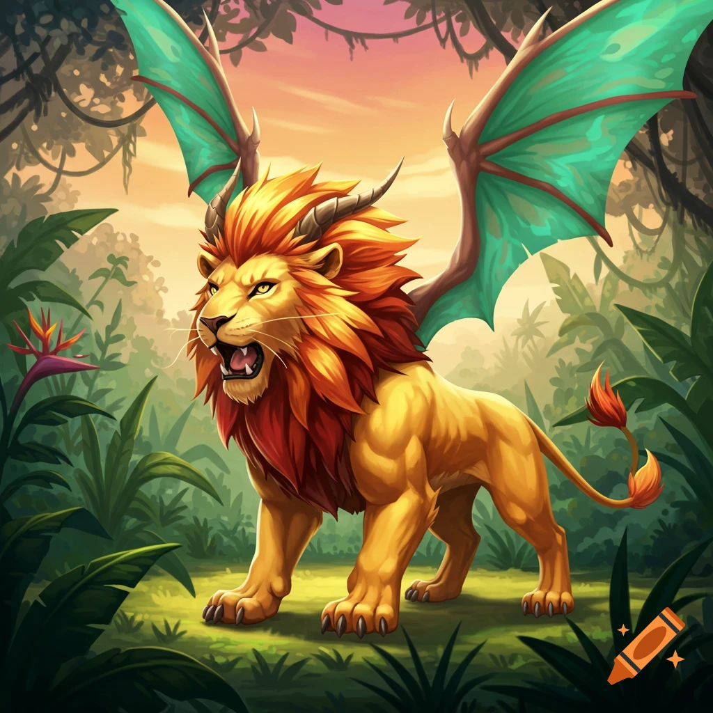 A stylized lion-dragon hybrid with fiery mane and teal wings roars in a vibrant jungle in Pokemon style.