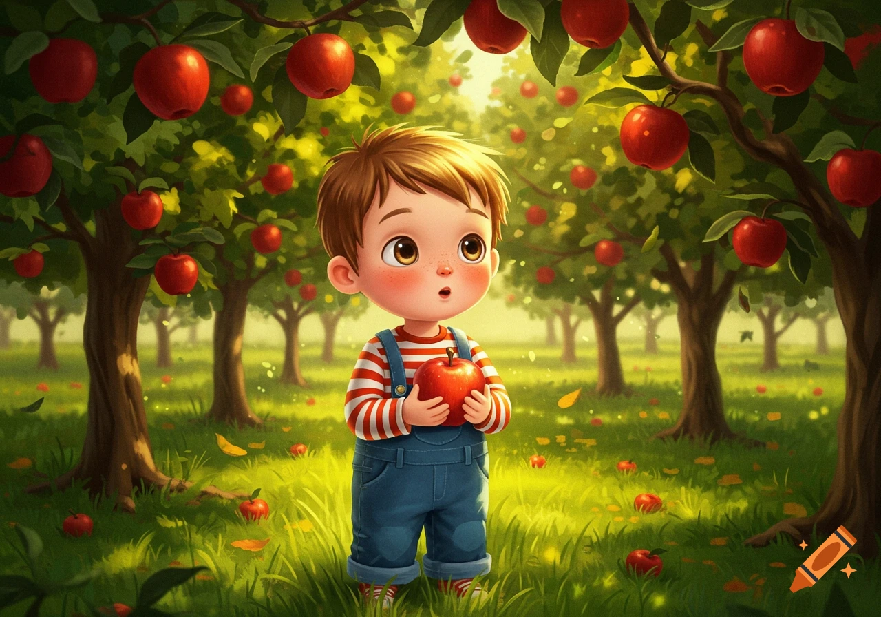A cute cartoon boy with brown hair and overalls holds a red apple, looking surprised in a vibrant apple orchard.