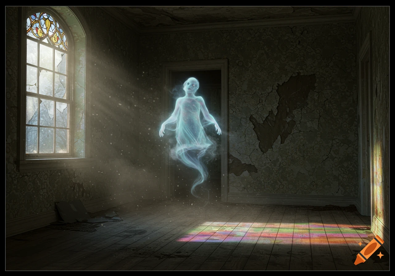 An ethereal ghost floats in a dusty, dilapidated room with sunbeams and colorful stained glass light on the floor.
