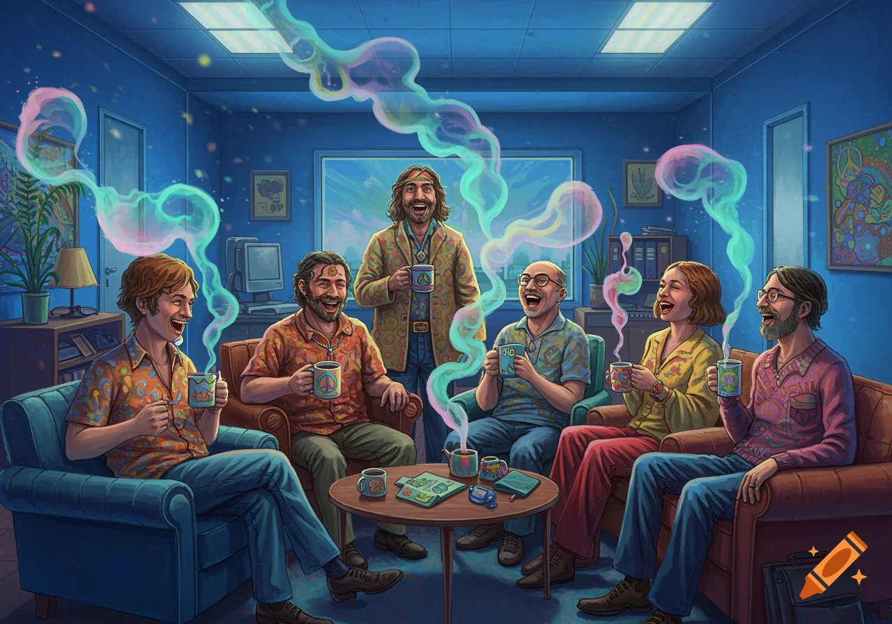 A group of six professors, in psychedelic attire, laugh while holding coffee mugs in a blue-walled office with colorful smoke plumes rising.