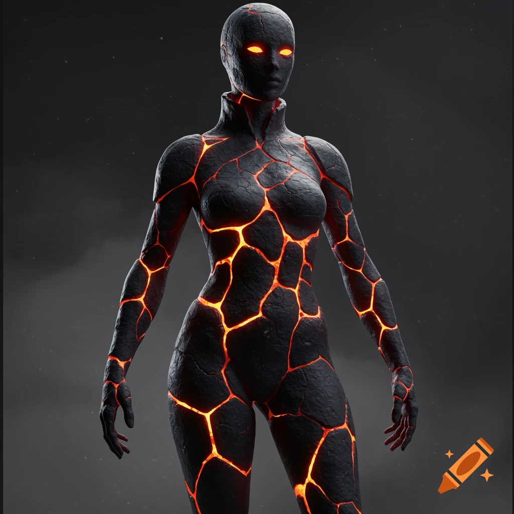 A humanoid figure made of dark cracked rock with glowing orange lava showing through the cracks and bright orange eyes.