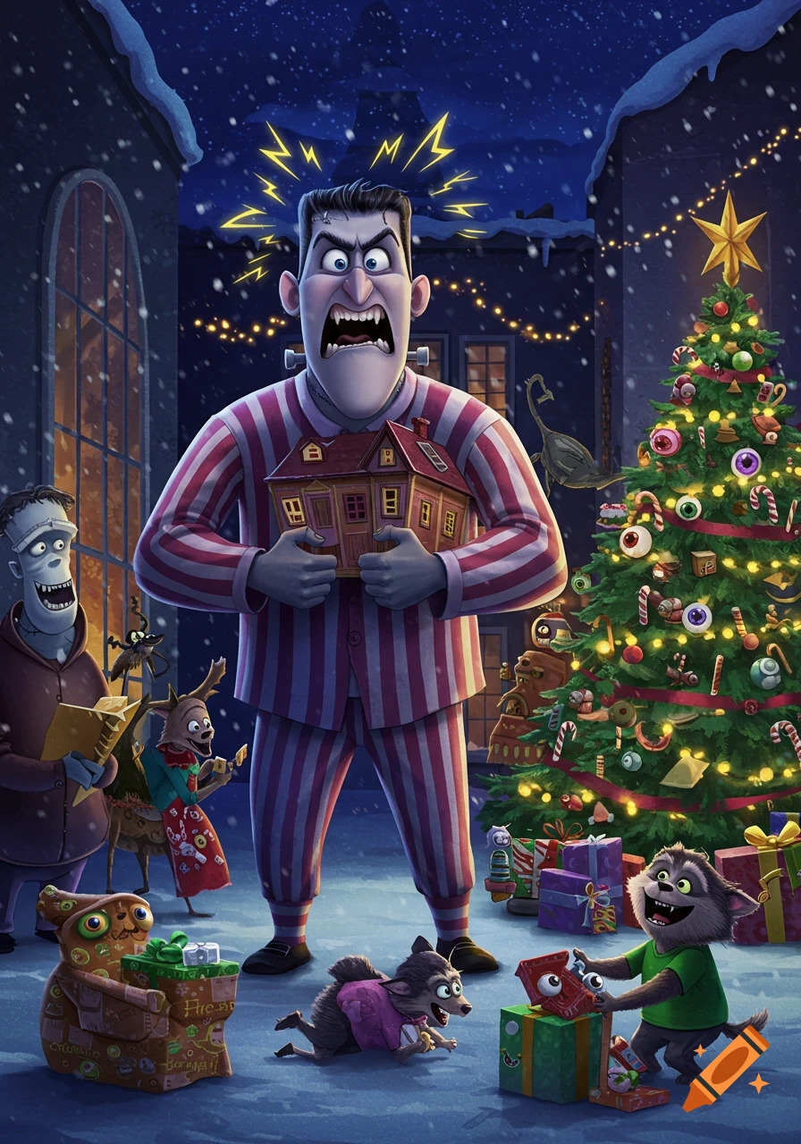 An angry Frankenstein monster in striped pajamas holds a dollhouse on a snowy Christmas Eve night, surrounded by other monsters and gifts.