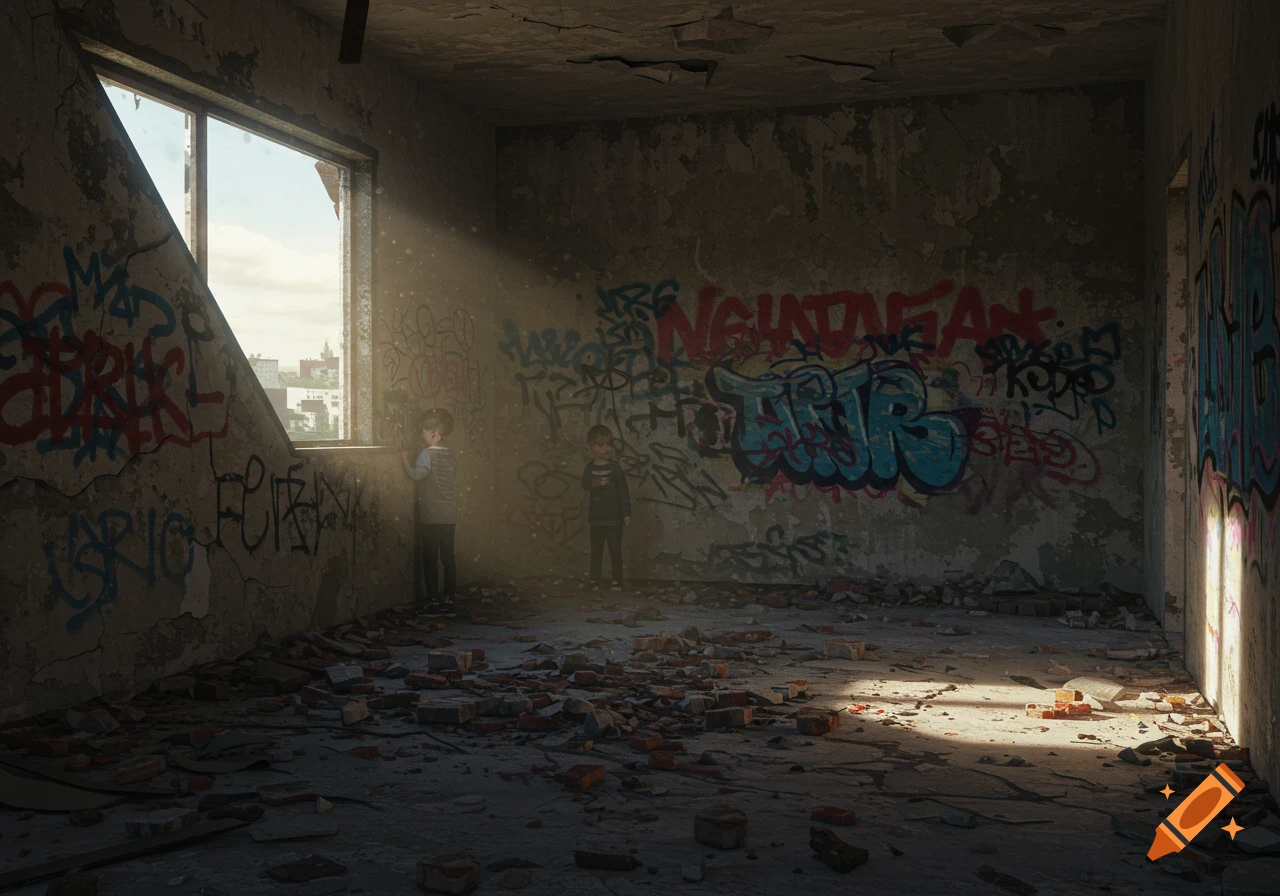 Two children stand in a sunlit, dilapidated room with peeling paint and graffiti-covered walls, scattered with bricks and rubble.
