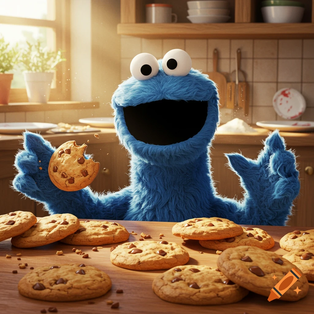 Photorealistic Cookie Monster happily eating a chocolate chip cookie at a kitchen table surrounded by many cookies.