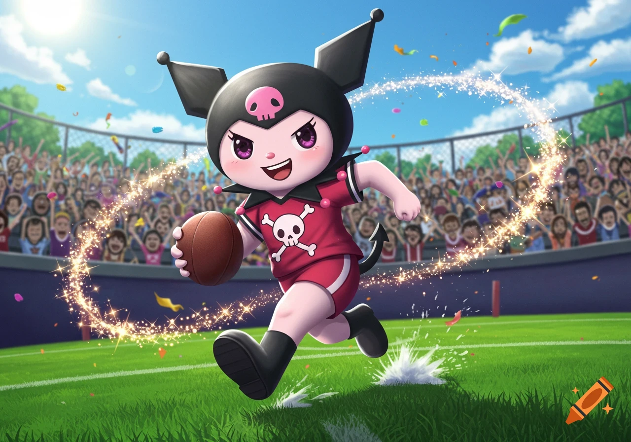 A cartoon character resembling Kuromi in a red football uniform runs with a football across a green field in a stadium, surrounded by a cheering crowd and sparkling confetti.