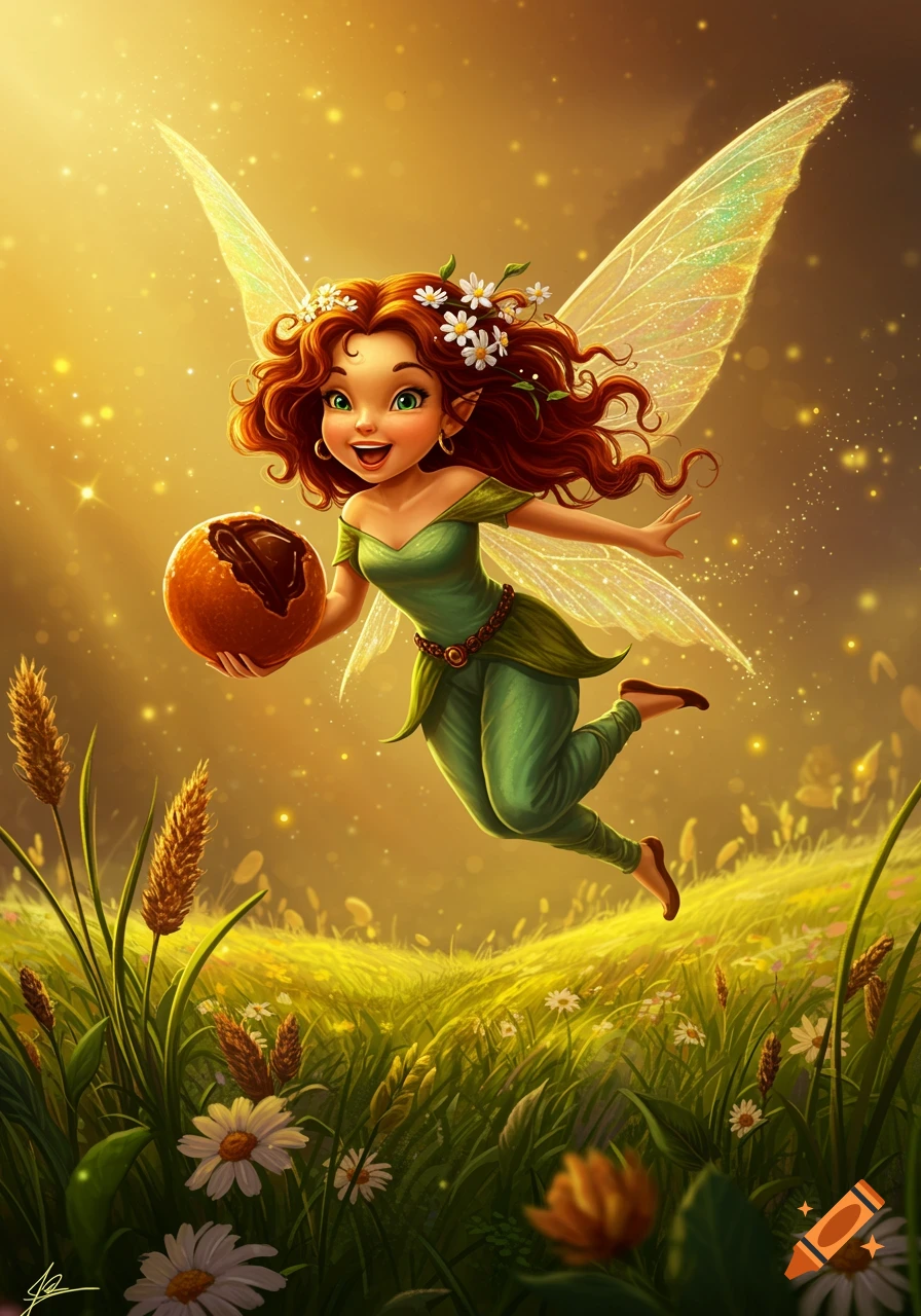 A cheerful cartoon fairy with red hair flies over a field of green grass and flowers, holding a chocolate orange in golden light.