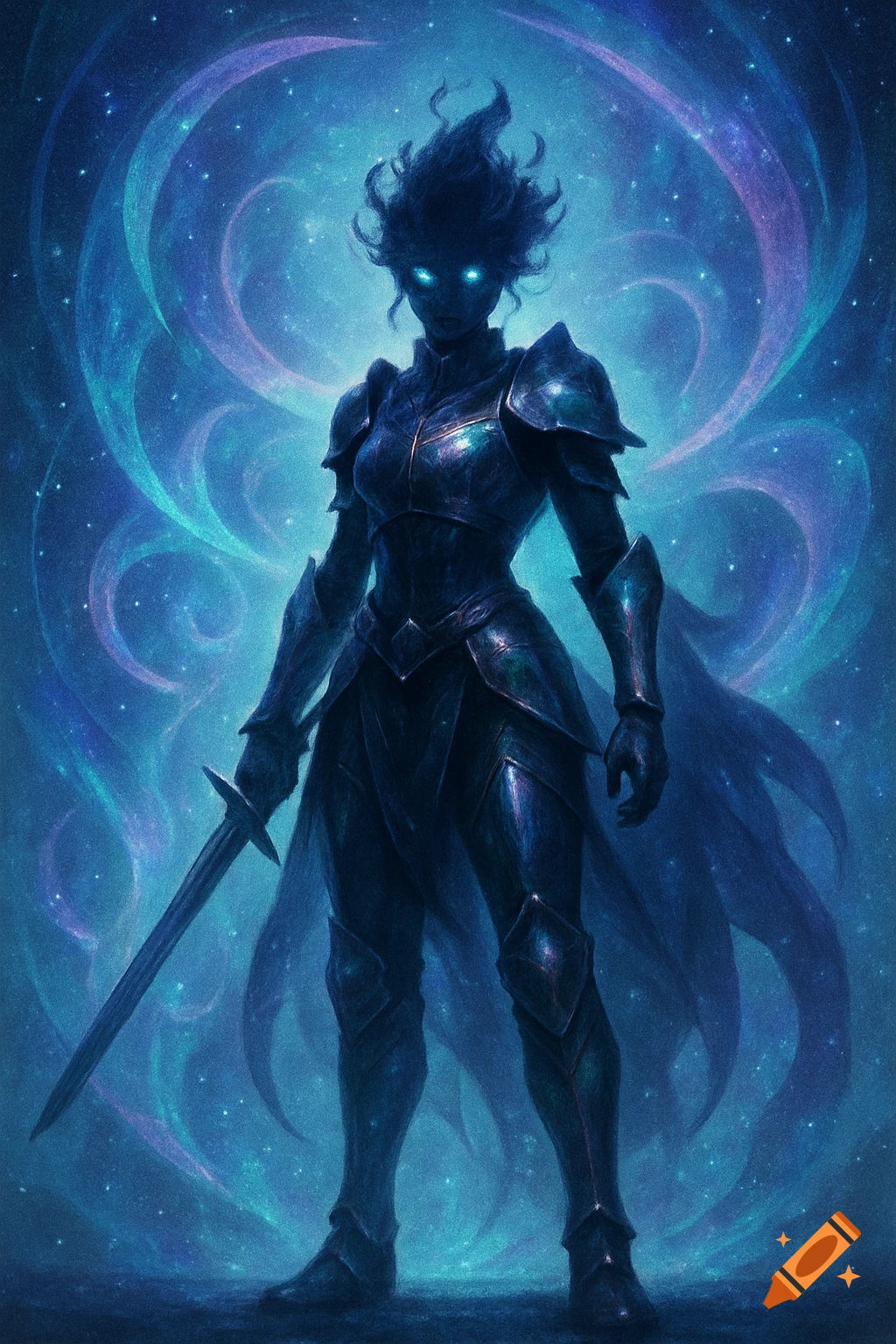 A shadowy armored figure with glowing blue eyes holds a sword against a swirling blue and purple cosmic background.