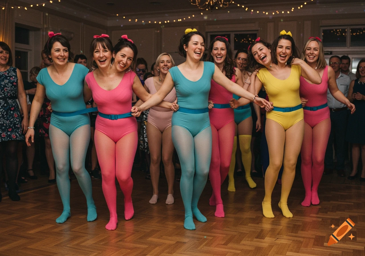A group of women in colorful leotards and tights, laughing and holding hands, playing a game at a party.