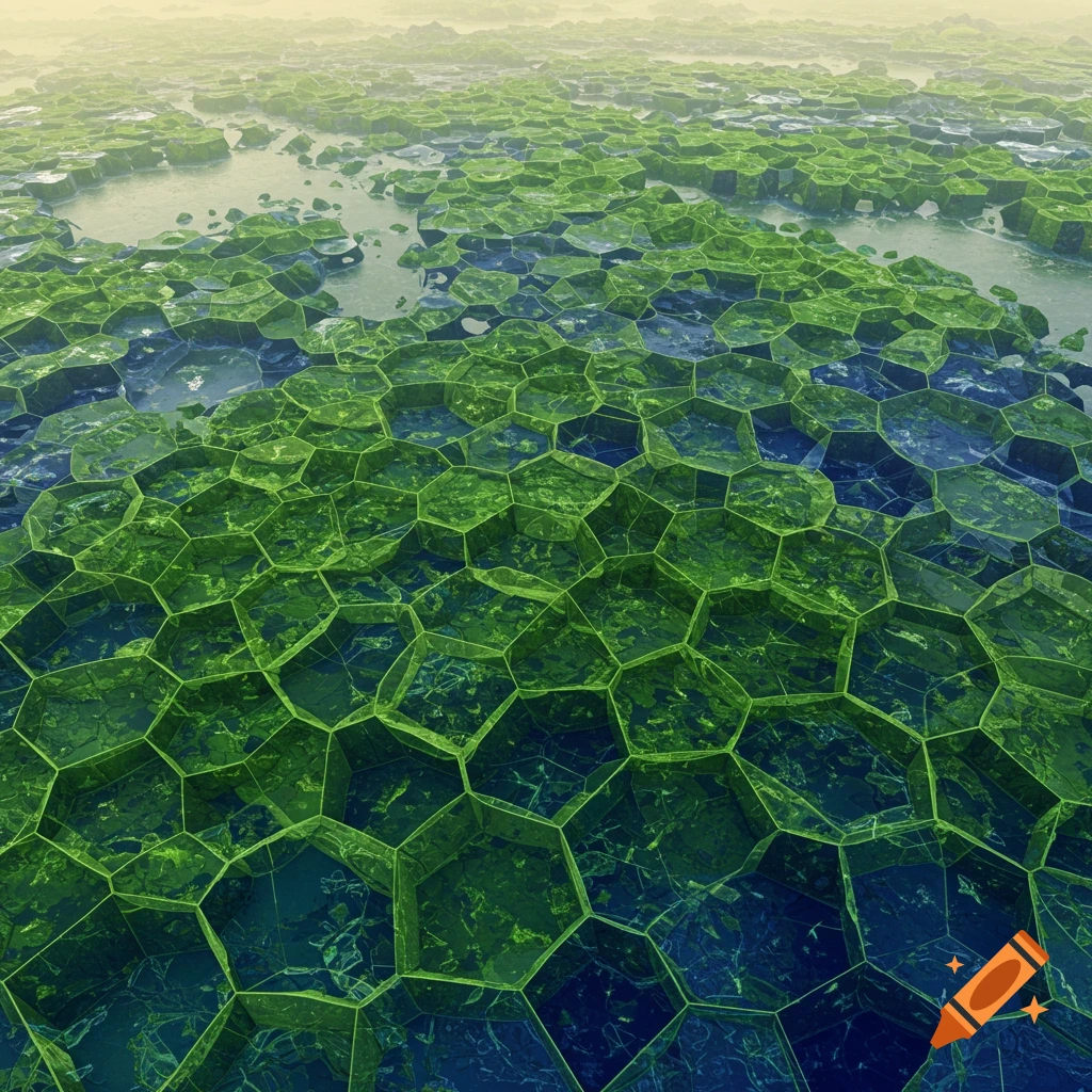 An aerial view of a landscape made of interconnected green hexagonal cells, some containing blue water, under a hazy sky.