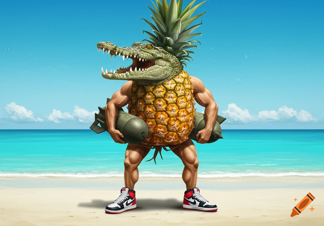 A muscular pineapple with a crocodile head holds two bombs on a sunny beach, wearing black and red sneakers.