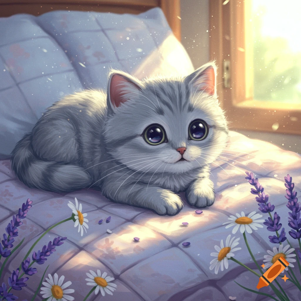 A cute grey tabby kitten with big eyes lies on a purple quilted bed with lavender and daisies, bathed in sunlight from a window.