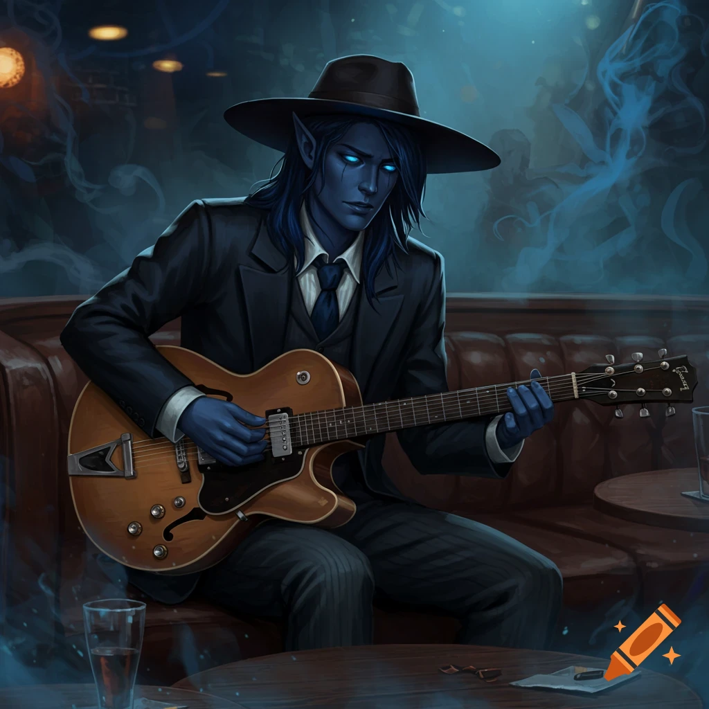 A blue-skinned dark elf in a suit and hat plays a guitar in a dimly lit bar.