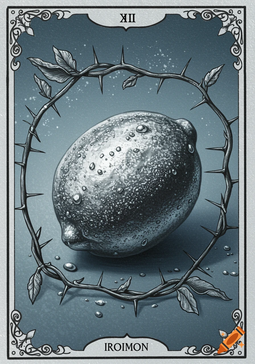 A stylized tarot card features a dark grey, metallic lemon covered in water droplets, encircled by a thorny vine. The card has ornate borders and the Roman numeral XII at the top, and the word IROIMON at the bottom.