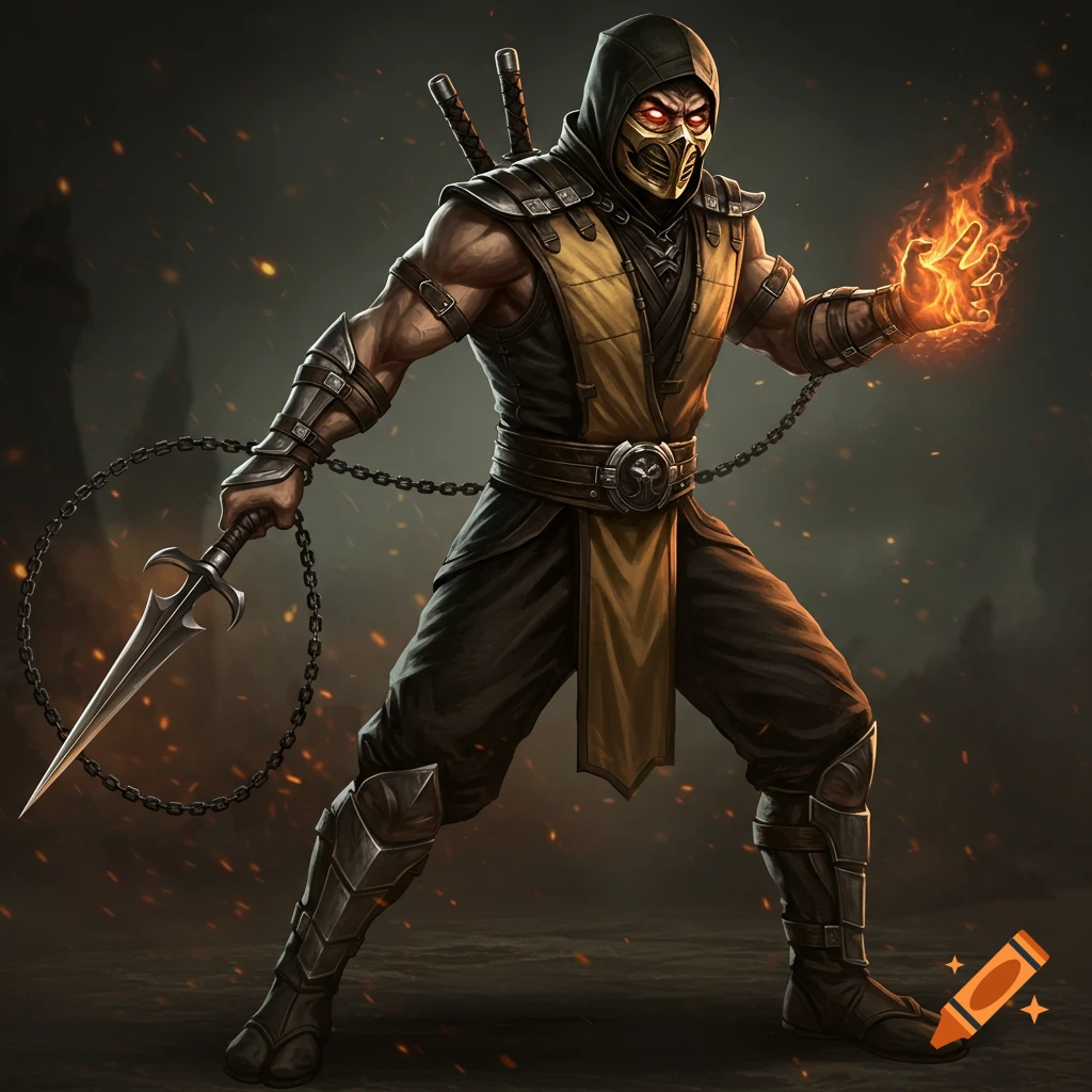 A male ninja warrior resembling Scorpion in a black and yellow outfit, with a golden mask and glowing red eyes, holds a kunai on a chain and fiery magic in his left hand, standing in a dark, fiery landscape.