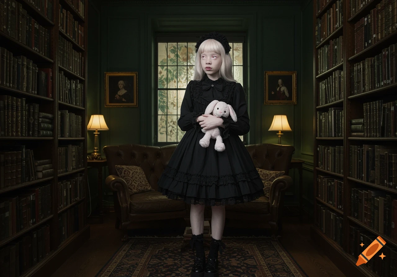 Photorealistic image of a pale-skinned woman in a black gothic lolita dress, holding a white bunny, in a dark library.