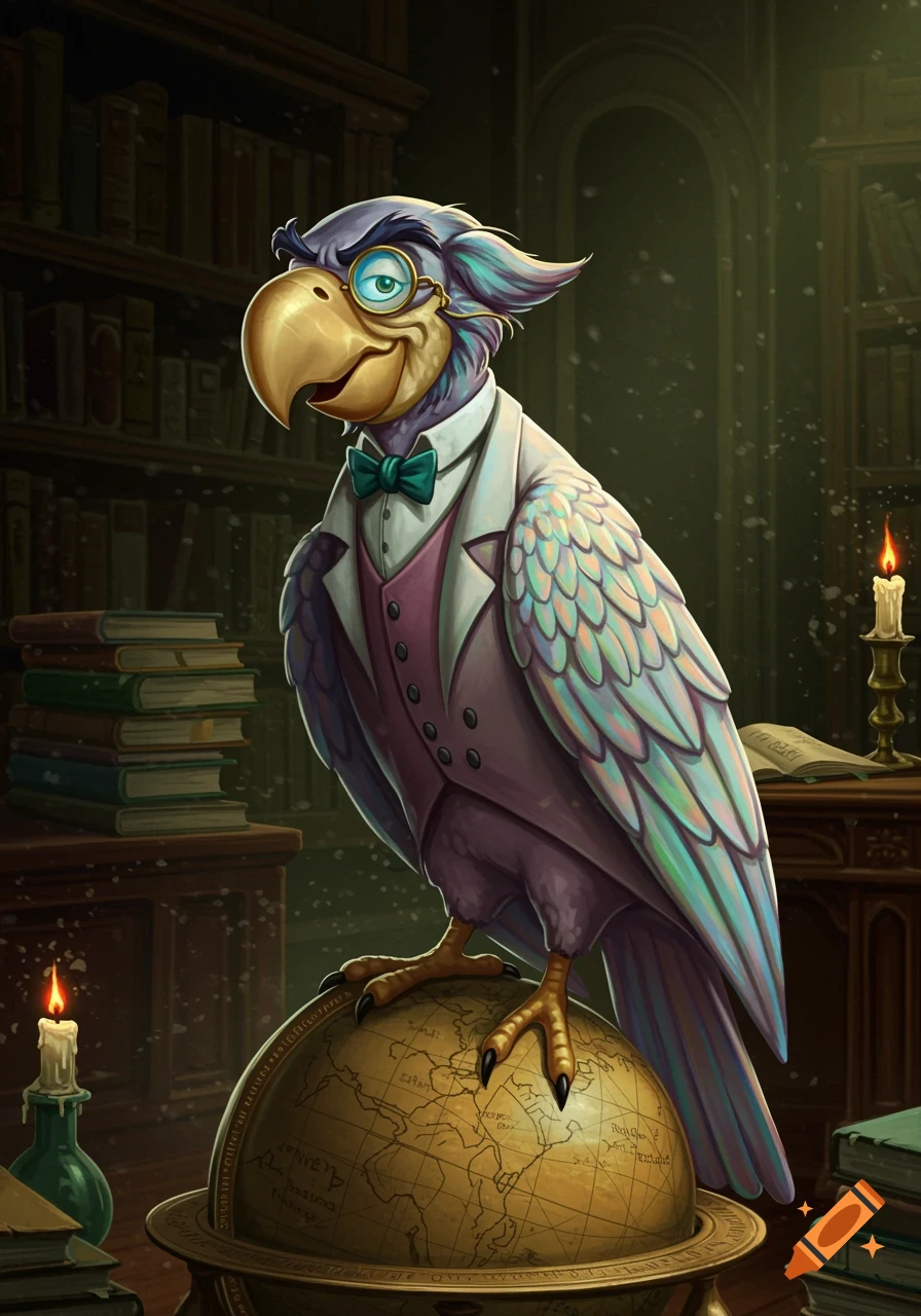 A sophisticated anthropomorphic parrot wearing a suit and monocle stands on a globe in a dimly lit library.