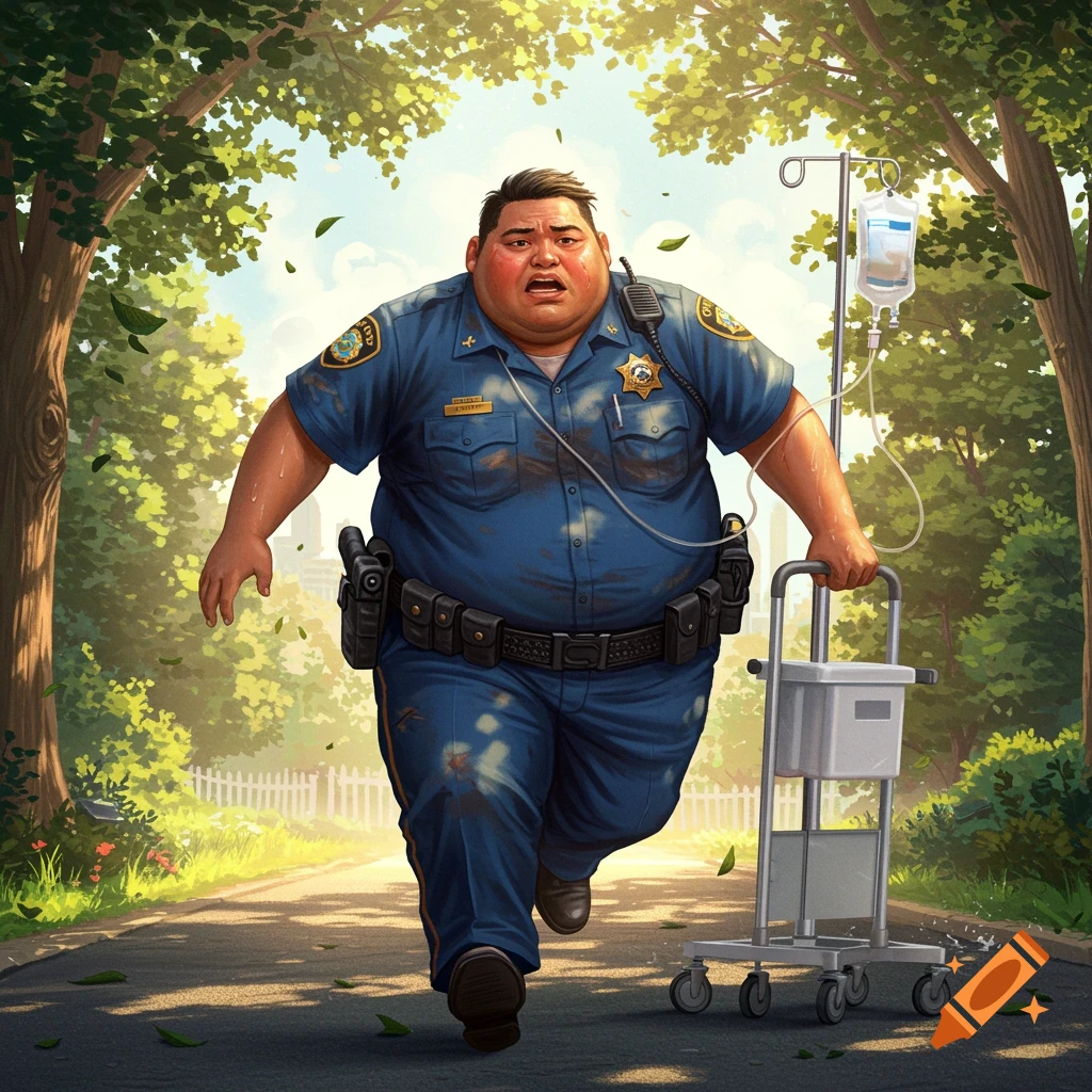 A sweating, overweight Hispanic male police officer in a blue uniform runs down a sunny, tree-lined road, pulling an IV stand.