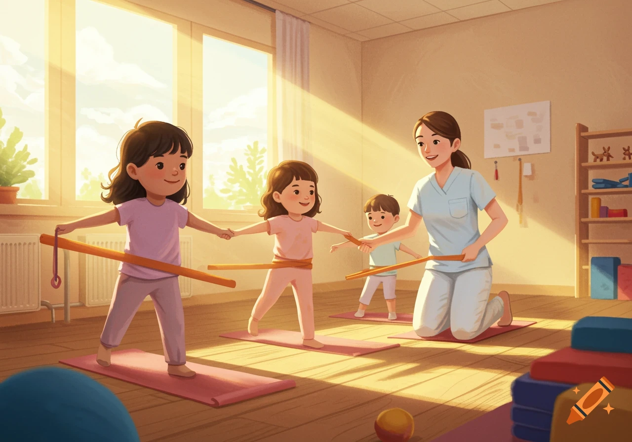 Cartoon of an adult and three children doing exercises with sticks on yoga mats in a sunlit room.