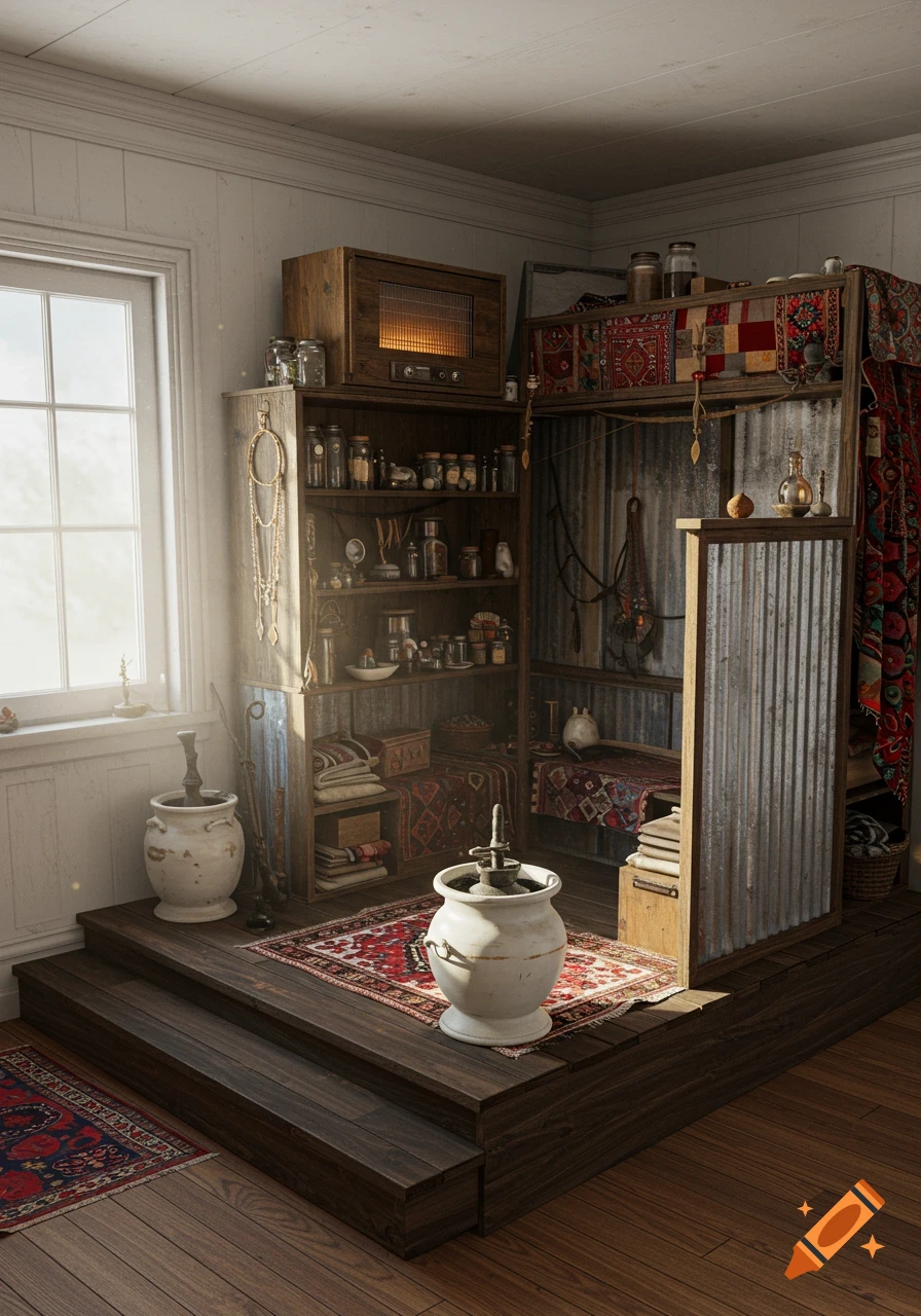 A photorealistic interior of a rustic ritual-textile studio with a raised platform, shelves, and corrugated tin walls.