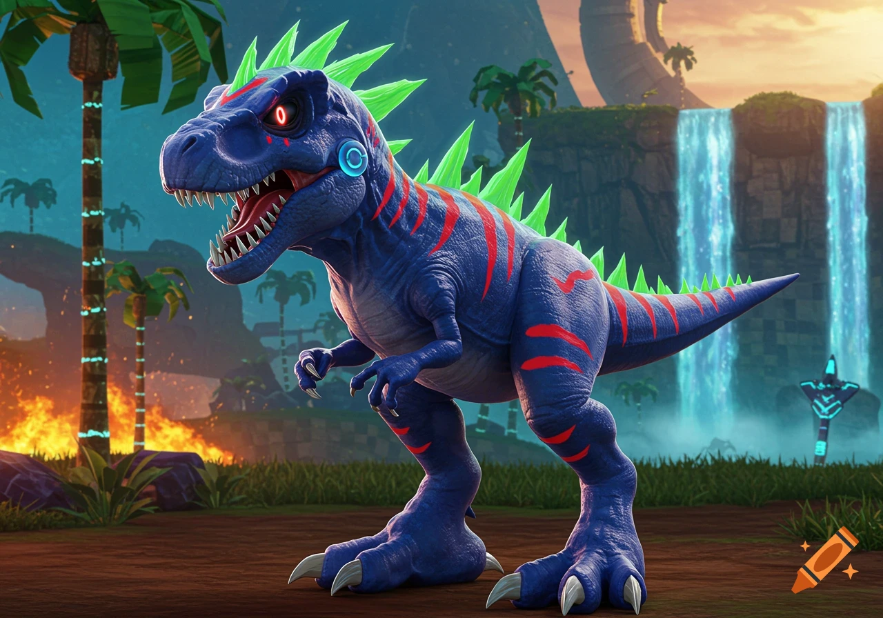 A blue robotic T-Rex with green spikes and red stripes stands in a lush jungle with waterfalls and fire.