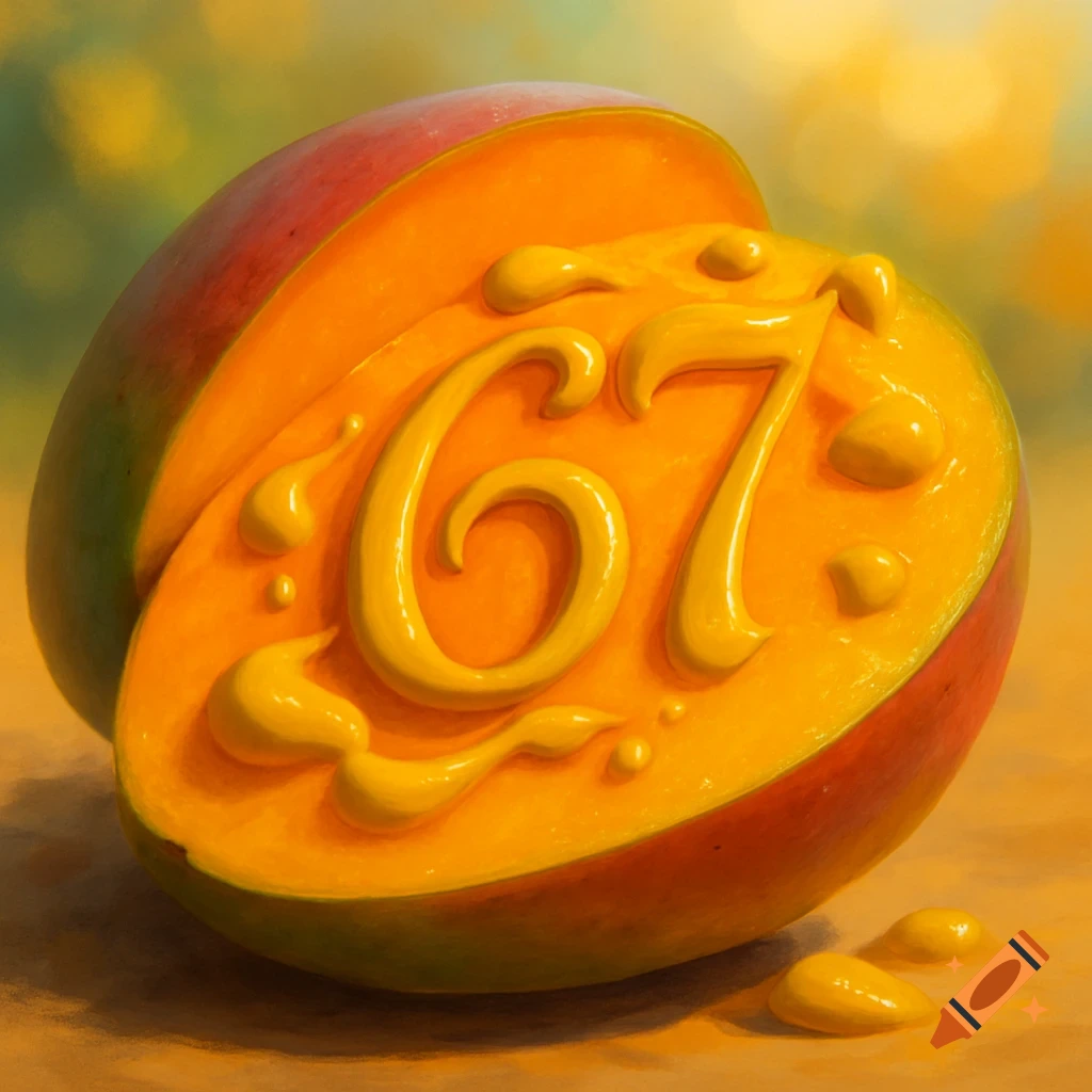 A mango cut in half, with the number "67" molded into its yellow flesh using a thick, yellow substance.