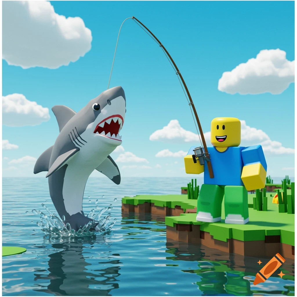 A blocky Roblox character with a yellow head and blue shirt fishes on a blocky island, catching a large grey shark leaping out of the water.