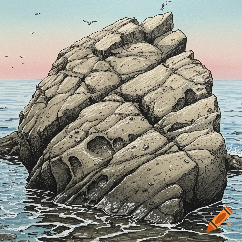 A stylized drawing of a large, rugged rock formation in the ocean at sunset, with seagulls flying above.