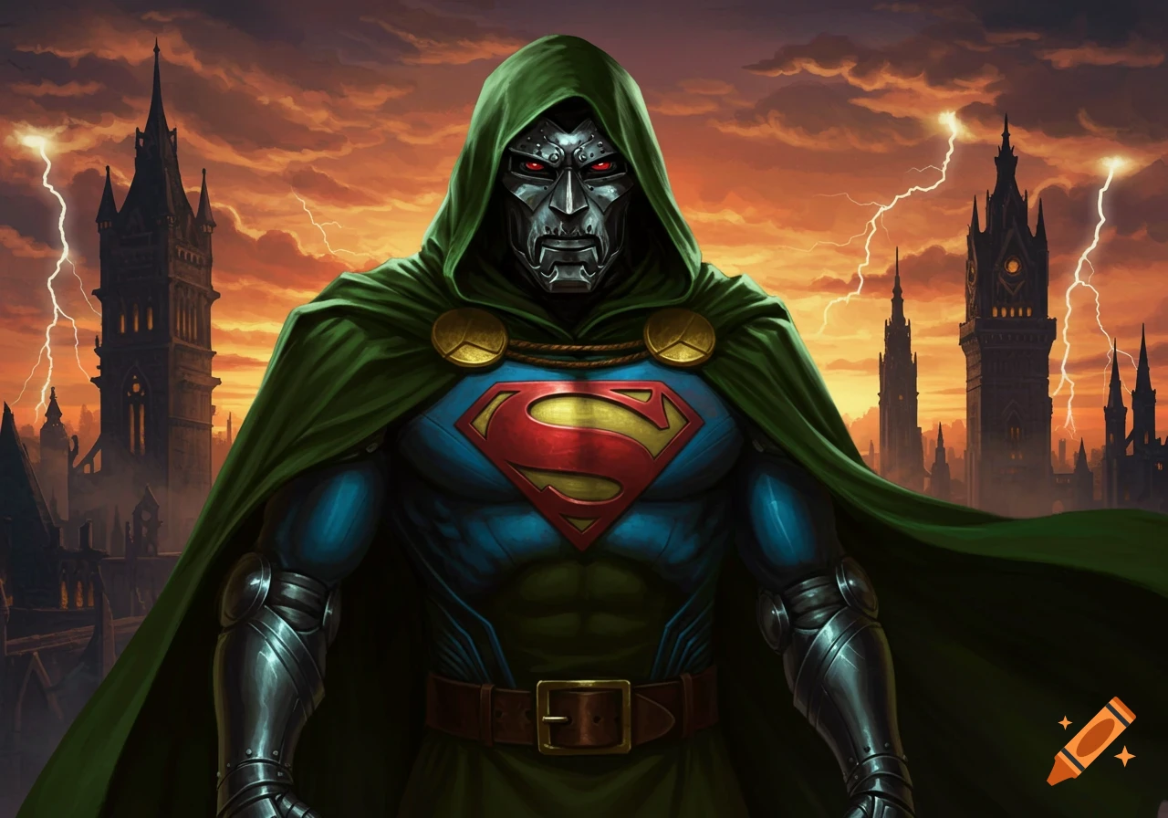 A powerful character resembling Doctor Doom, wearing a Superman suit with a green hooded cape, stands before a dark cityscape illuminated by lightning at dusk.