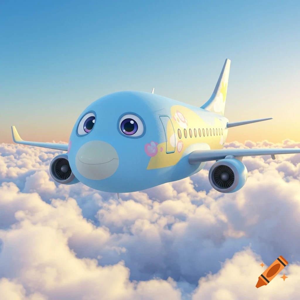 A friendly cartoon passenger jet with a smiling face and large eyes flies above fluffy white clouds under a clear blue sky with a sunset glow.