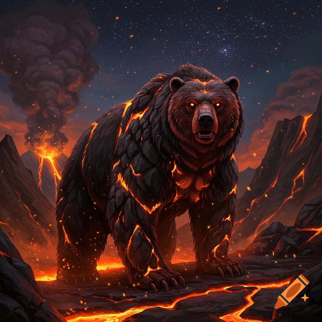 A menacing bear with glowing lava cracks on its body stands in a fiery volcanic landscape under a starry night sky, digital art.