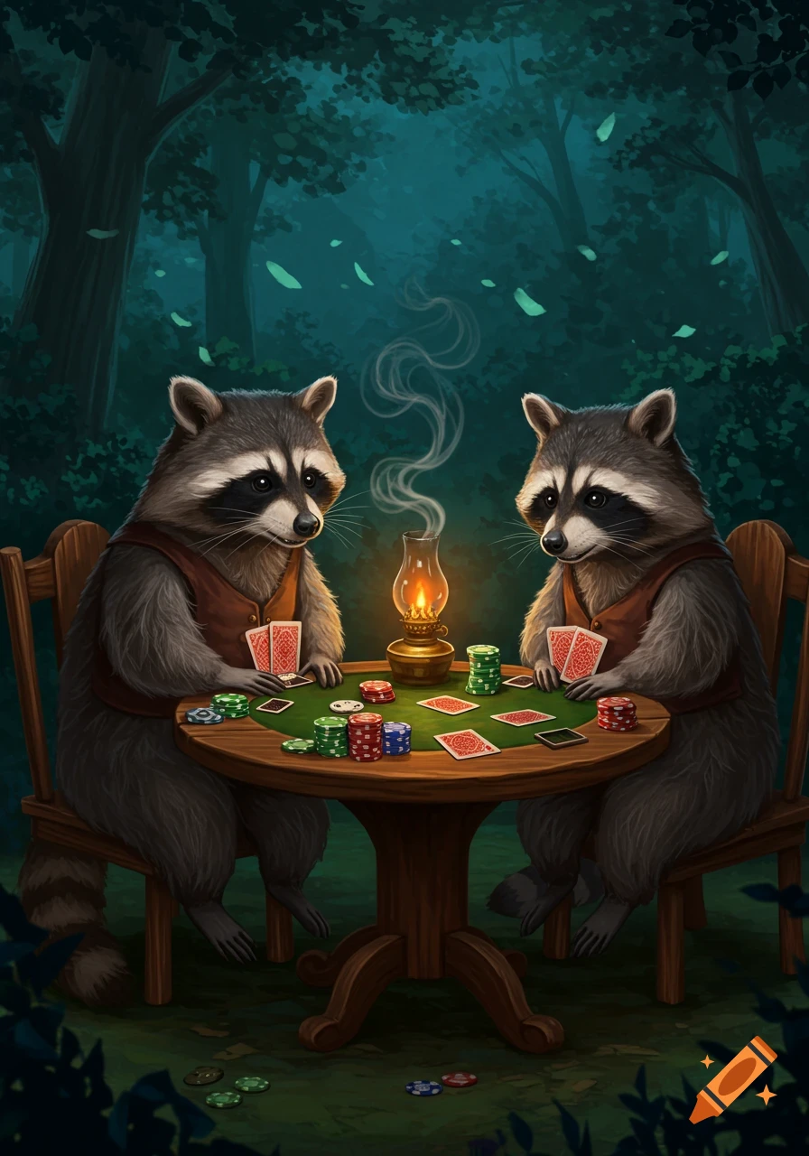 Two anthropomorphic raccoons wearing vests playing poker at a table in a dark forest lit by a lantern.